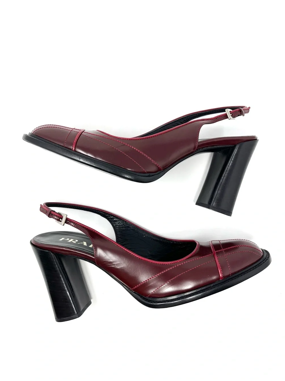 Vintage Vtg Prada 90s Y2K Burgundy Dark Red Leather Slingback Pumps Heels 38.5